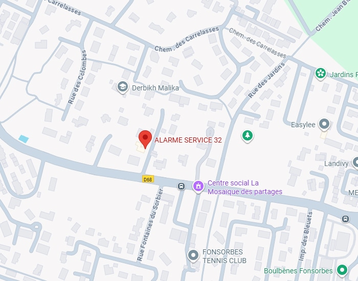 ALARME SERVICE 32 : Localisation sur carte Fonsorbes Carte routière de Fonsorbes montrant la localisation d'ALARME SERVICE 32, proche de la D68, Rue des Fontaines du Sorbier et Rue des Colombes.