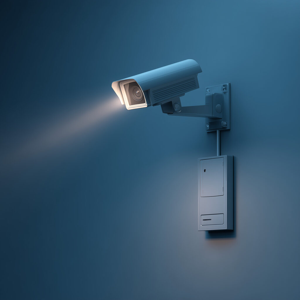 Caméra de sécurité CCTV moderne avec illuminateur IR allumé, fixée sur un mur bleu foncé, avec boîtier électrique dessous. Surveillance nocturne.