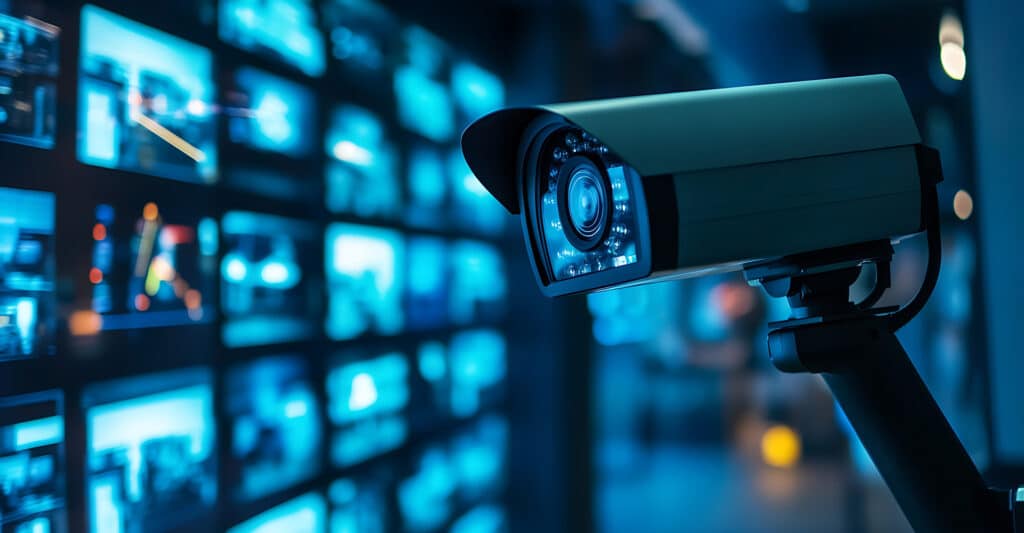 Caméra de surveillance au premier plan, devant un mur d'écrans flous affichant des données de contrôle en bleu. Ambiance de sécurité high-tech.